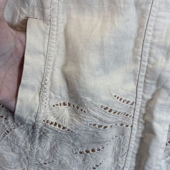 Chicos Linen Zip Up Jacket M Pink Eyelet 3/4 Sleeve Tunic Pockets Lagenlook‎ - Picture 9 of 16